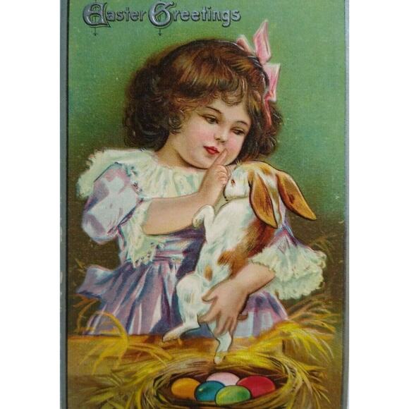 Antique Easter Greeting Postcard Bunny Girl Pastel Eggs Winsch Back Rome NY 1908 - Picture 5 of 6